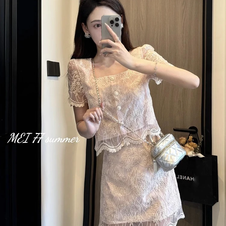 【璇子】大码女装时尚设计感蕾丝小香风显瘦气质上衣+半身裙两件套