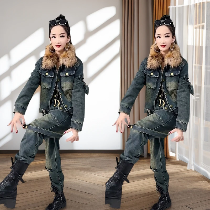 欧货爆款时尚潮流牛仔套装加厚新款酷辣洋气两件套套装冬款时尚女
