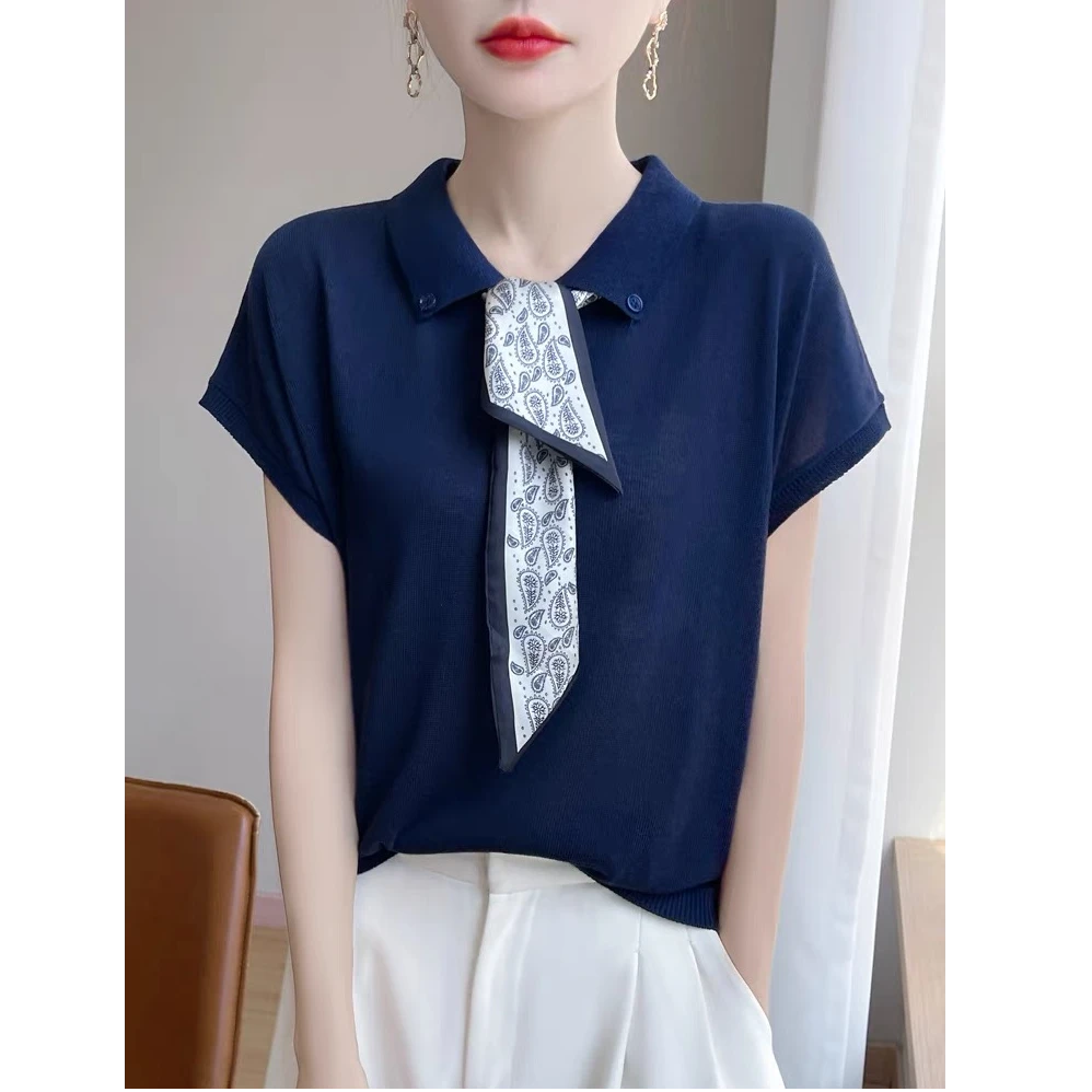 100莱赛尔天丝～慵懒显瘦落肩袖丝巾系带设计感Polo领女针织衫