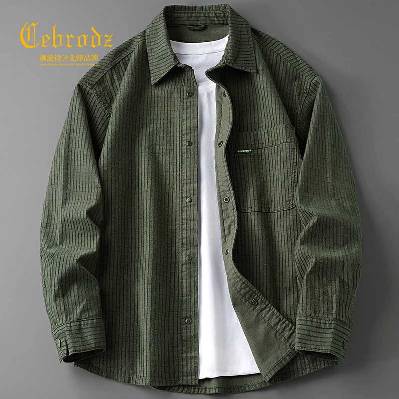 Cebrodz高级感日系复古格子长袖衬衫男秋潮牌帅气宽松休闲衬衣