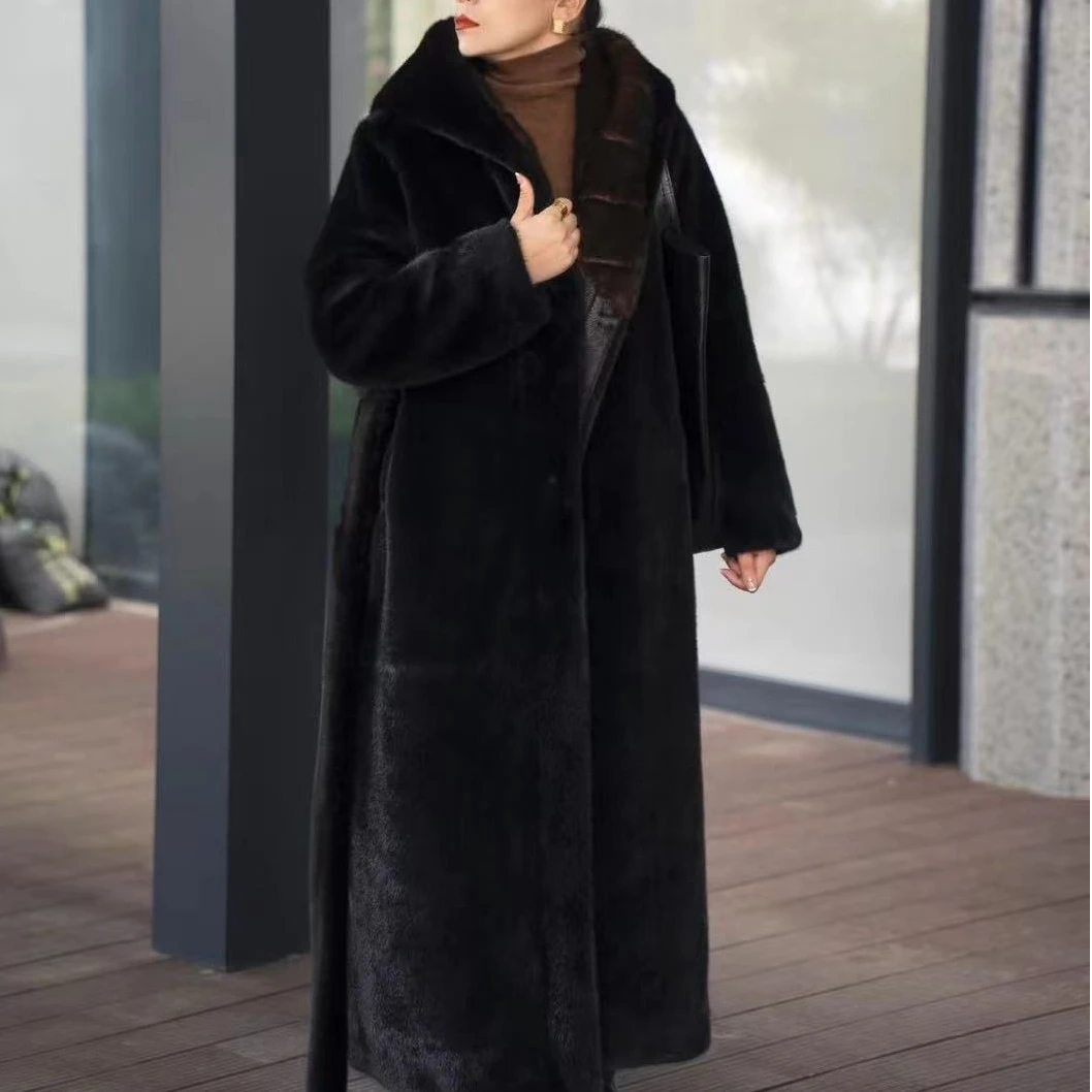 人造皮草 外套气质时尚休闲女士黑色连帽中长款加厚宽松设计师