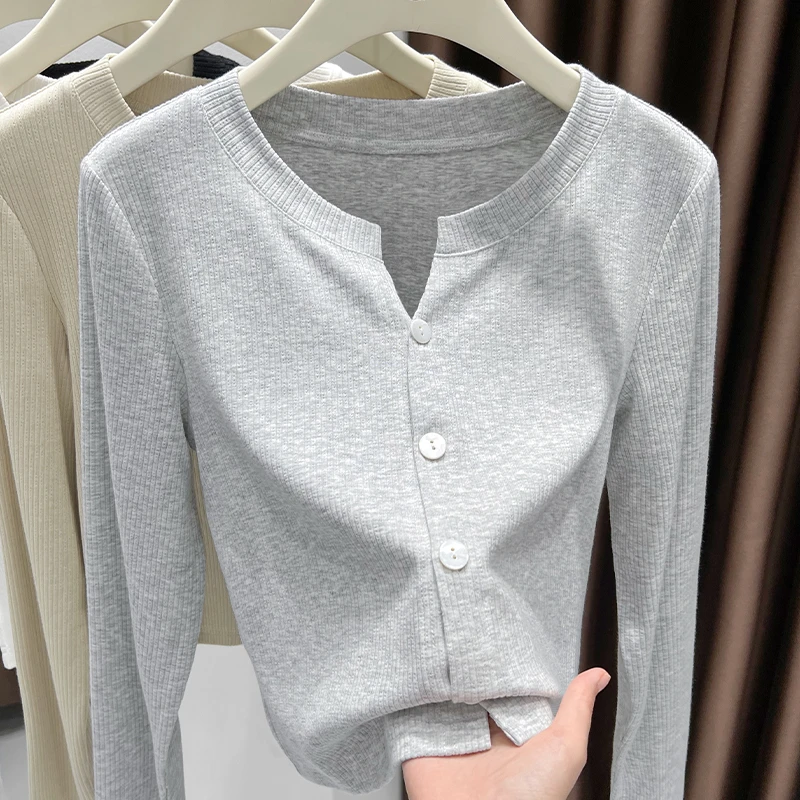 软糯针织螺纹开衫外套女吊带裙外搭披肩罩衫新款灰色V领长袖上衣