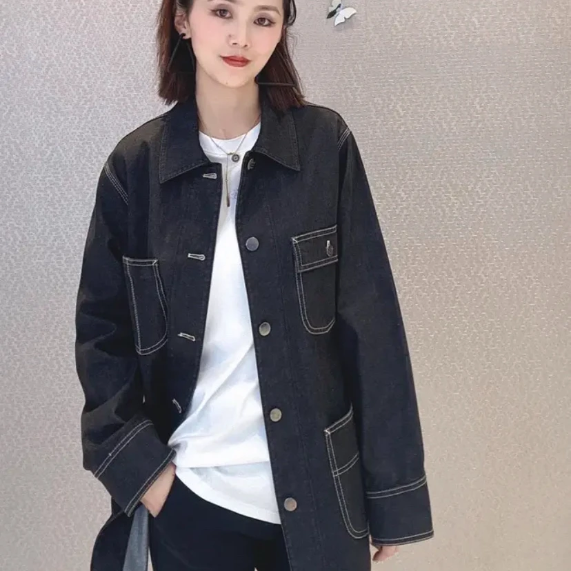 哥弟长袖上衣翻领复古牛仔工装外套【女王款大尺码】1400679