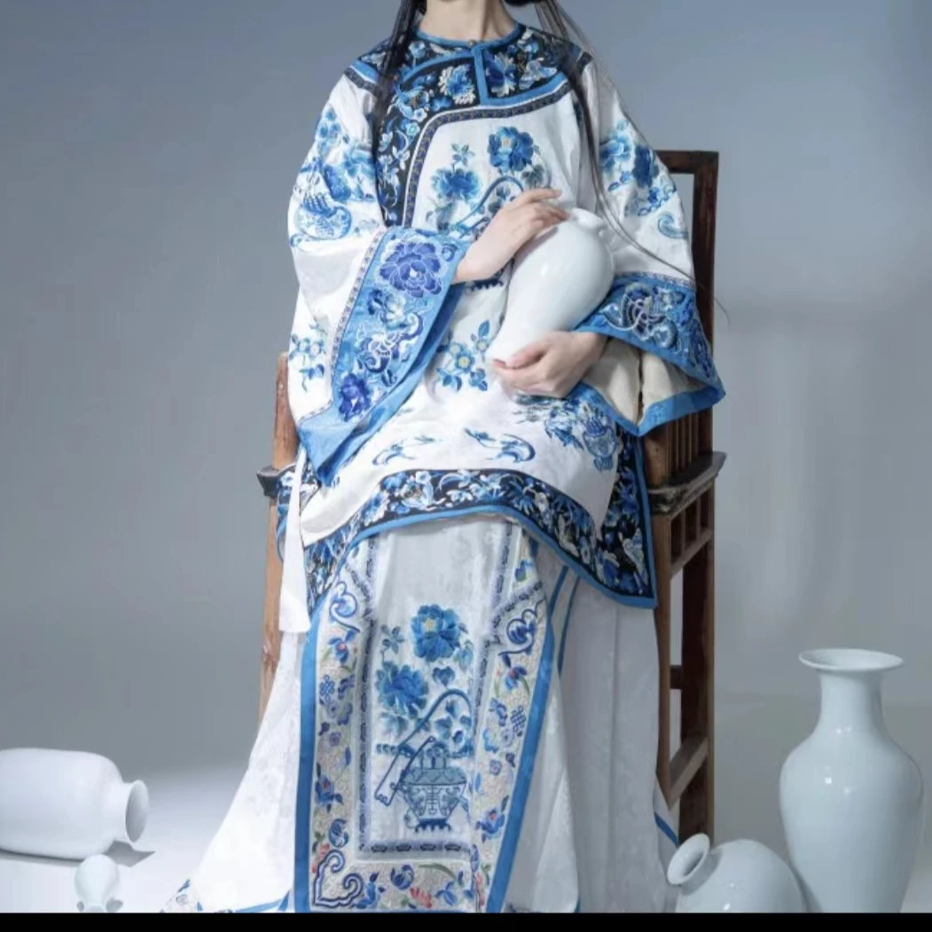 【一揽富贵】中国风晚清三蓝刺绣提篮纹清汉女装不是汉服