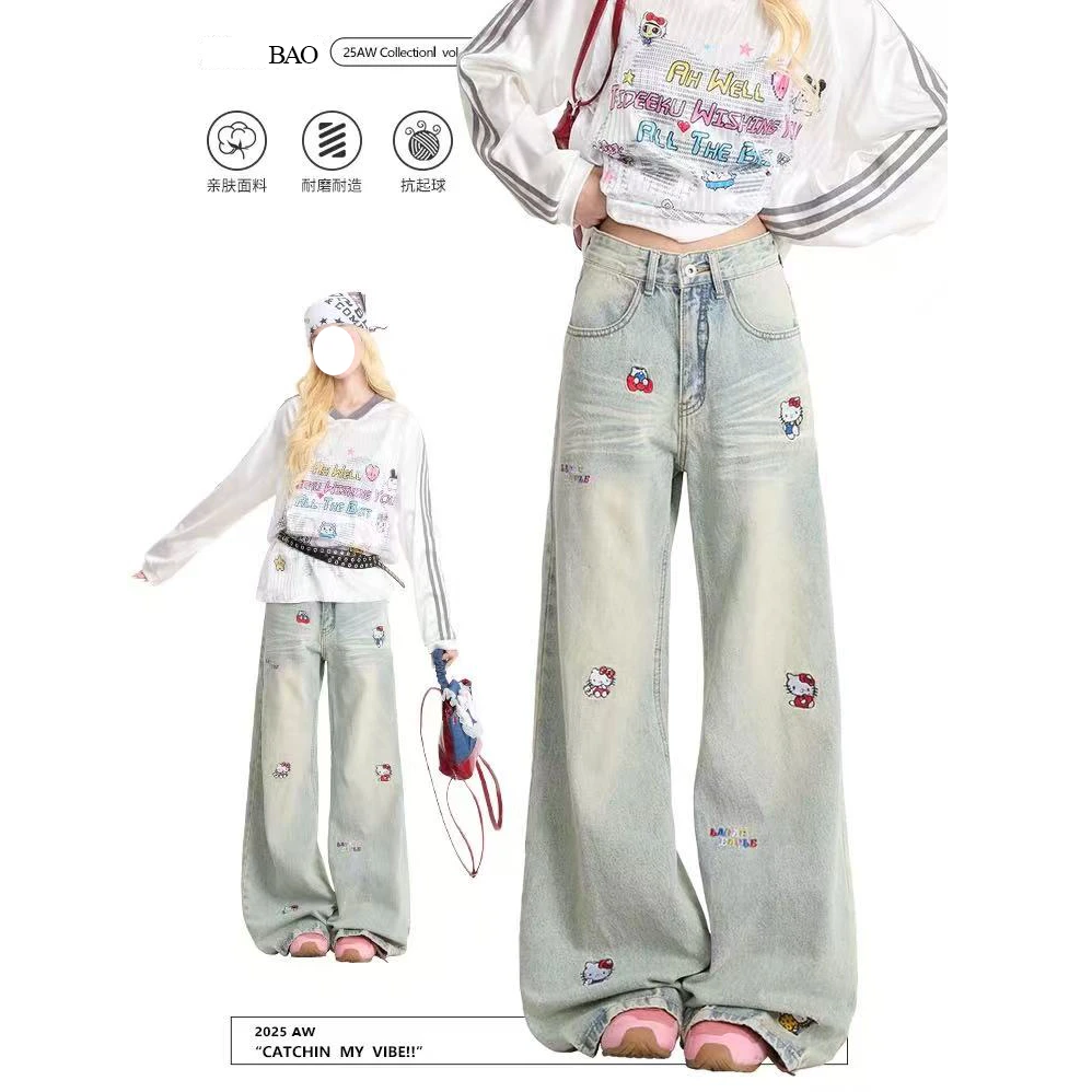 美式牛仔裤女趣味Kitty猫刺绣复古做旧水洗甜酷直筒潮牌阔腿裤