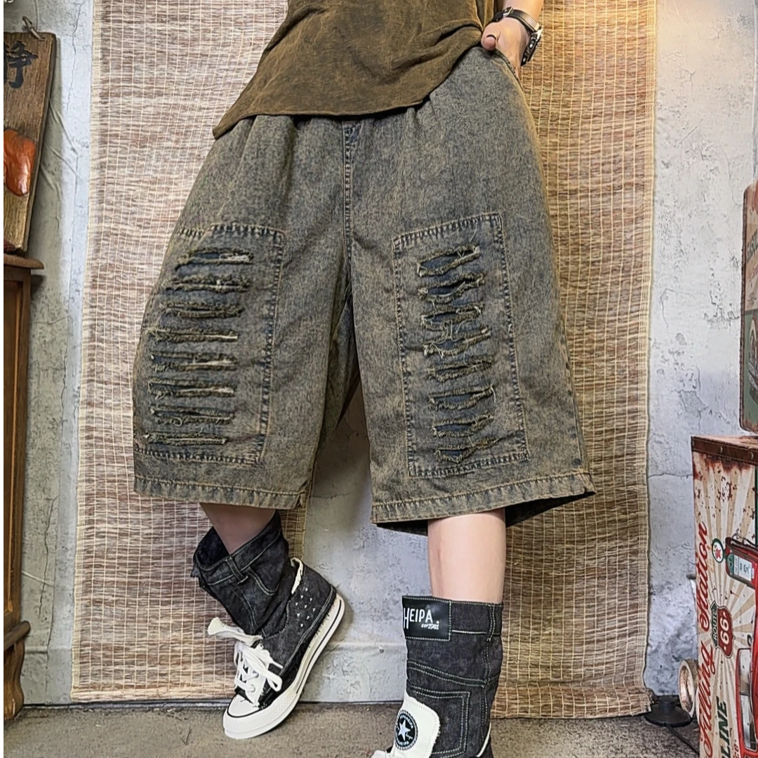 6622款夏季宽松潮流洋气炒色做旧牛仔破洞直筒裤【裤长62臀围140】