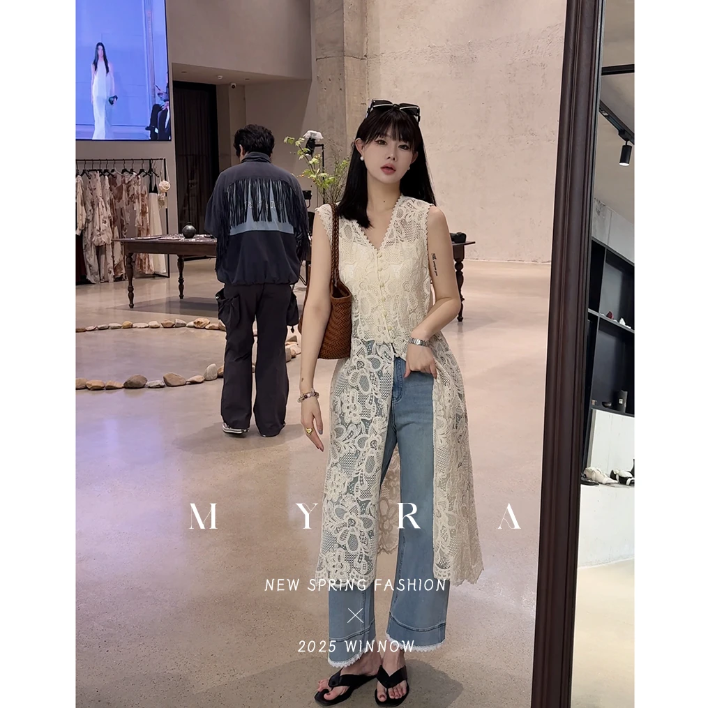 MYRA“堇色”镂空蕾丝无袖罩衫提花连衣裙XM02552