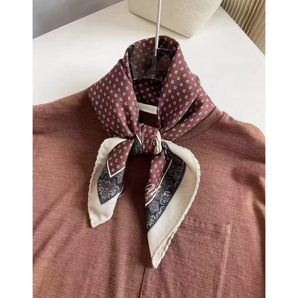 桑蚕丝羊毛混纺轻奢时尚中方巾丝毛蕾丝边酒红格子65cm围巾直播