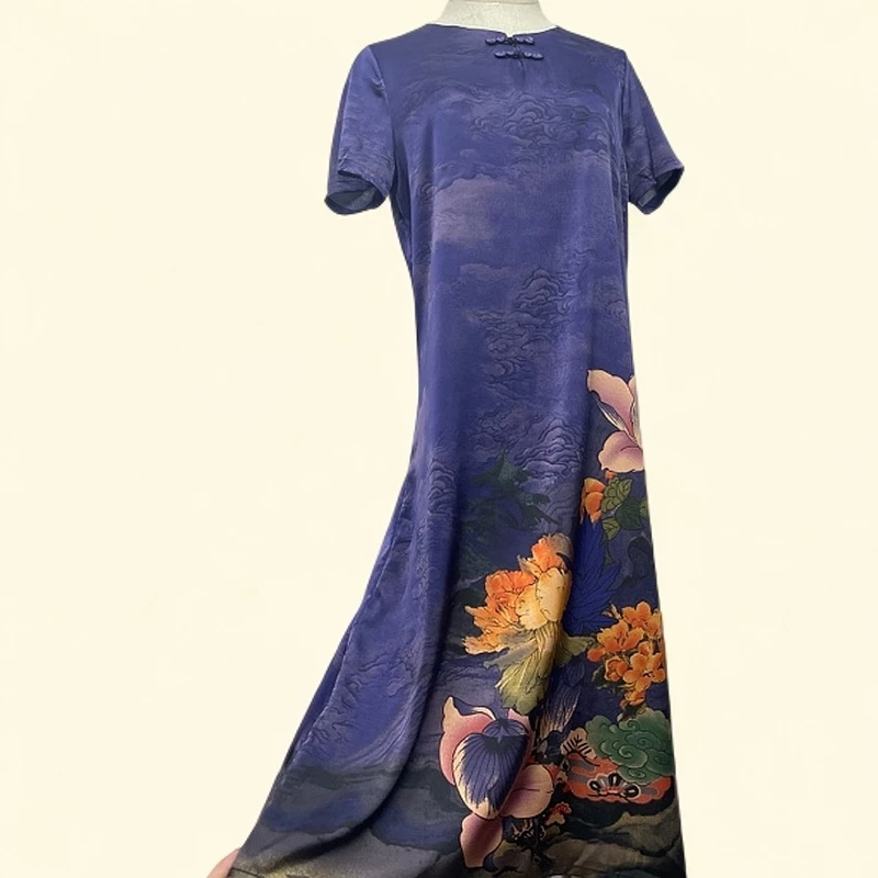 6661 妈妈夏装气质连衣裙女新款时尚复古印花雪纺长裙改良旗袍裙