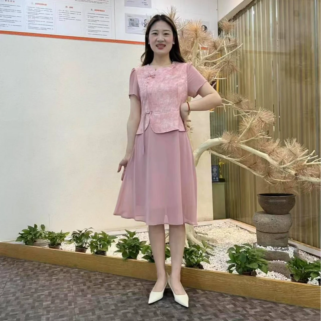妈妈夏装连衣裙中老年气质时尚短袖假两件中长款裙子