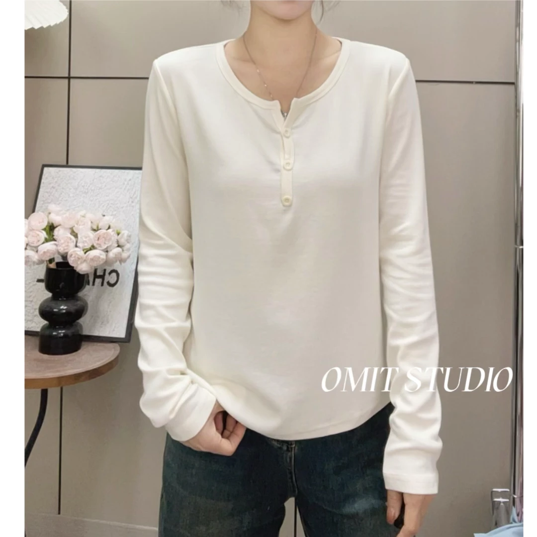 【纽扣长袖】新款秋冬弹力棉内搭正肩百搭韩版长袖