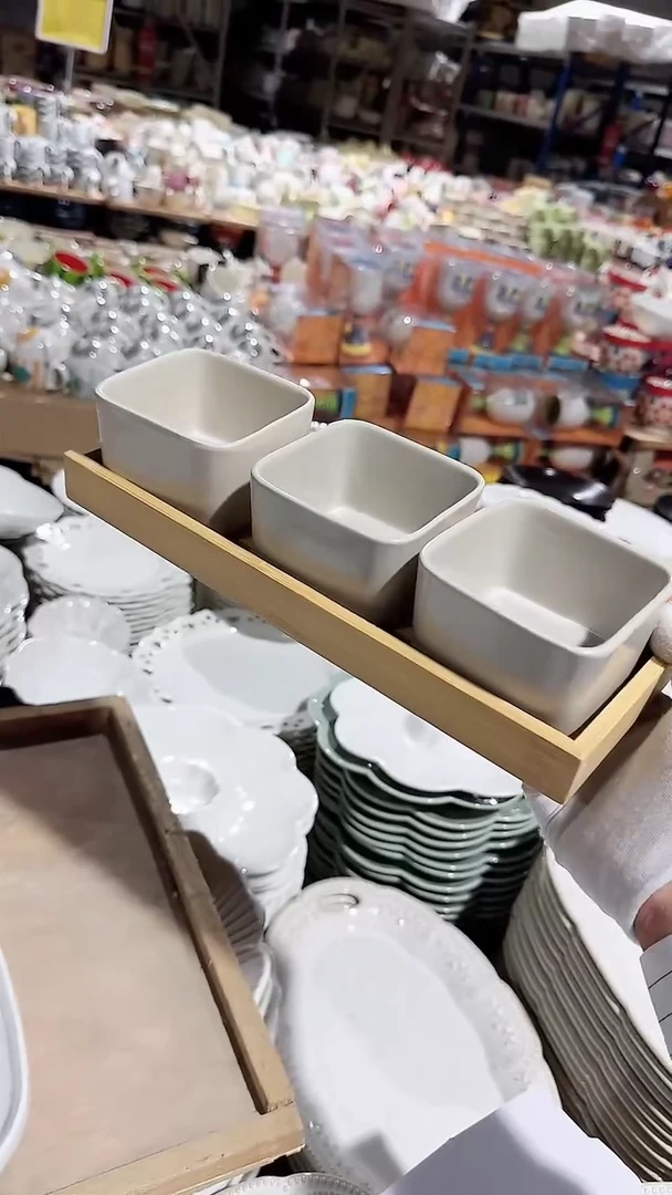 陶瓷方碗木托盘4件套微瑕 凑满20元包邮