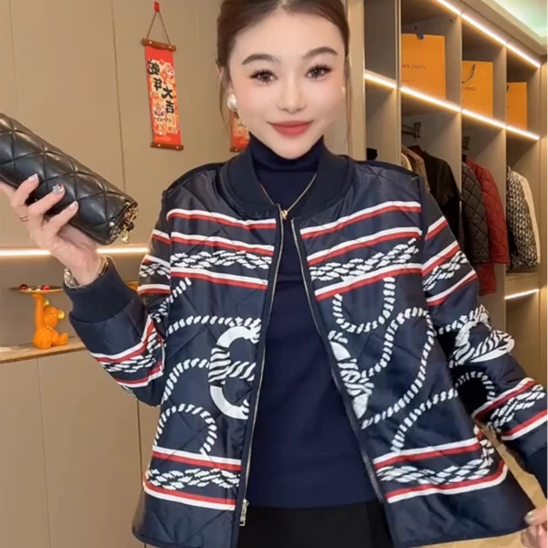 薄棉潮牌外套棒球服春秋季上衣女士大码花棉服宽松遮肉口袋拉链蓝