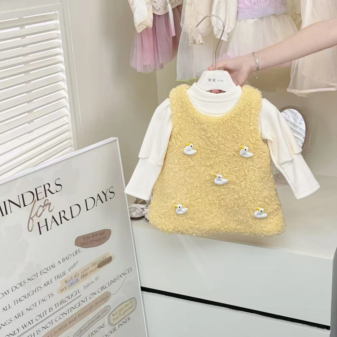 女童冬装超萌连衣裙套装冬季婴幼儿毛绒加厚保暖背心裙毛衣件套