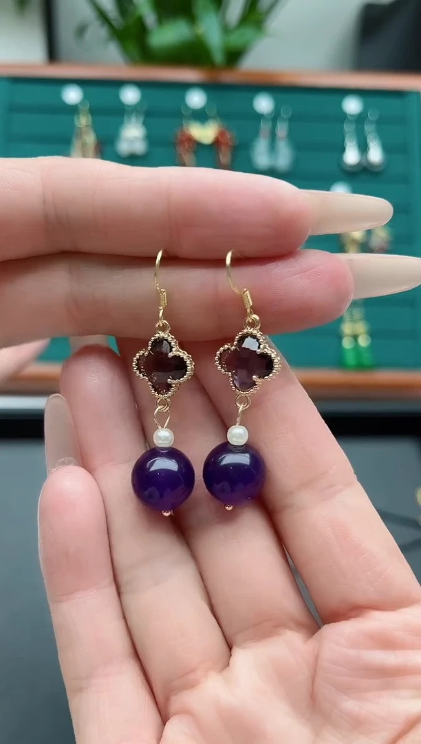 【闪购商品】玛瑙/玉髓耳饰银S925镀金镶嵌090