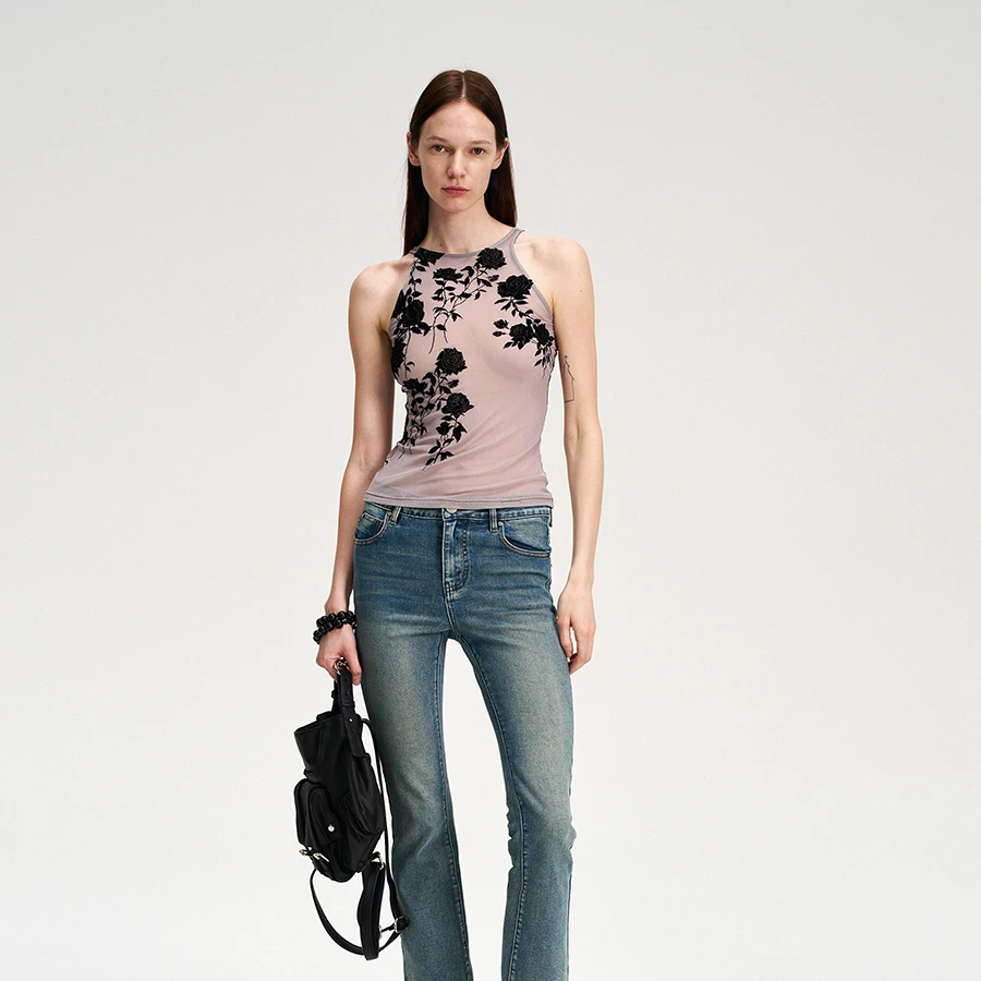 Dotyears 植绒网纱花朵紫色背心