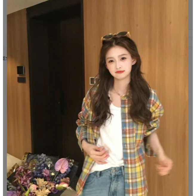SSYDFER【野迹】水洗格子宽松衬衫休闲衬衣格纹网红春季秋季复古