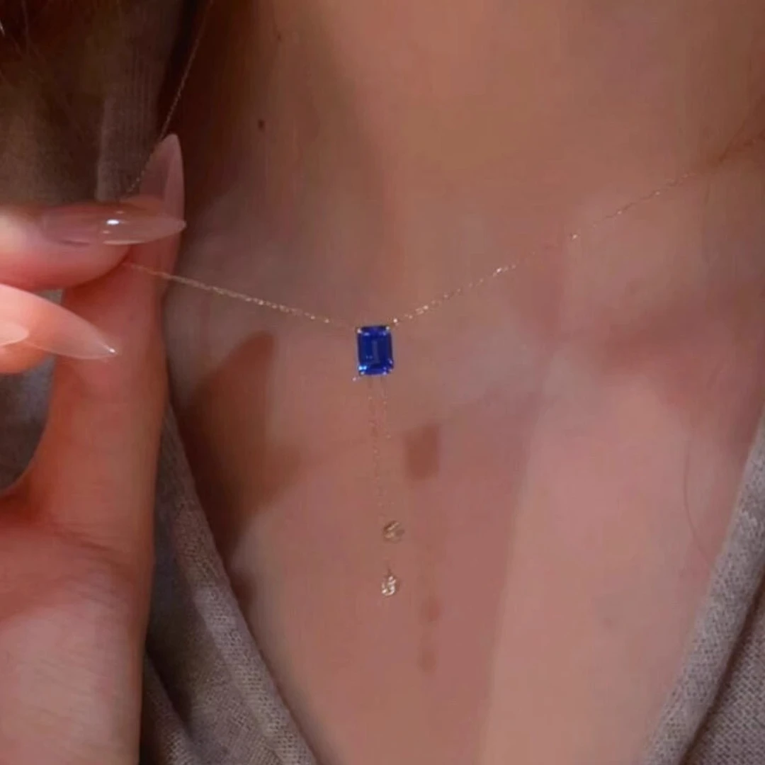 铜合金锆石项链 简约百搭金色蓝锆石流苏吊坠极细项链女款锁骨链