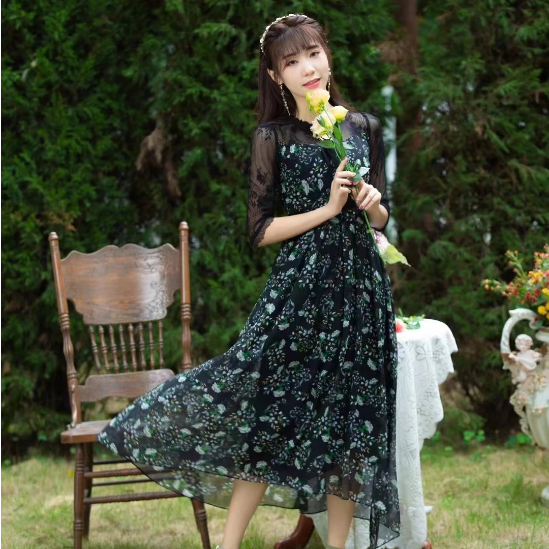 大摆连衣裙L8957韩国进口数码印花法式洋气拼接时尚名媛气质法式