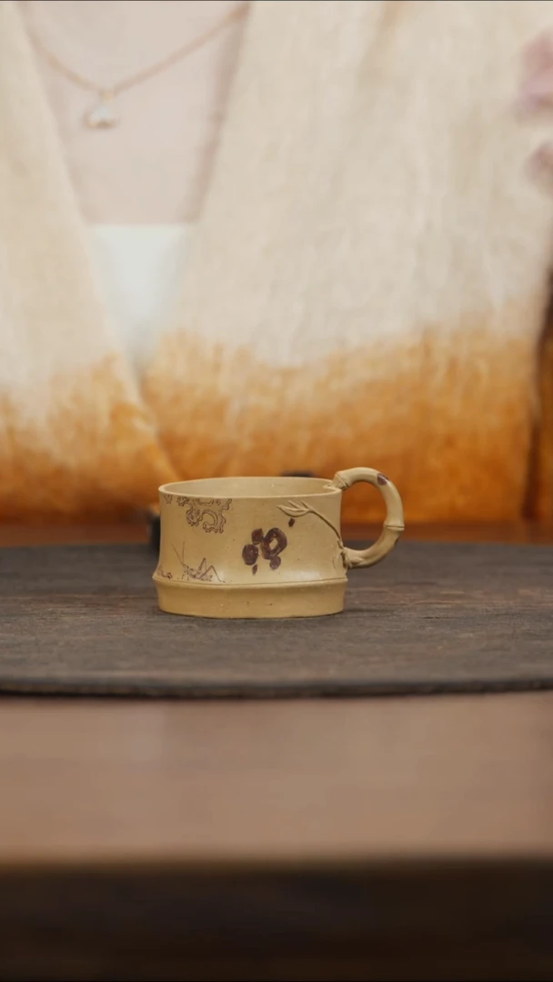 【闪购商品】紫砂茶叶罐湘妃竹刻竹报平安带把主人杯