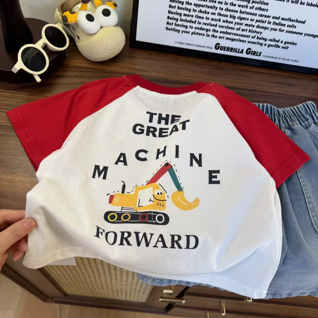 YM【JMJQ 25081】夏季新款中小童韩版撞色挖机印花短袖体恤