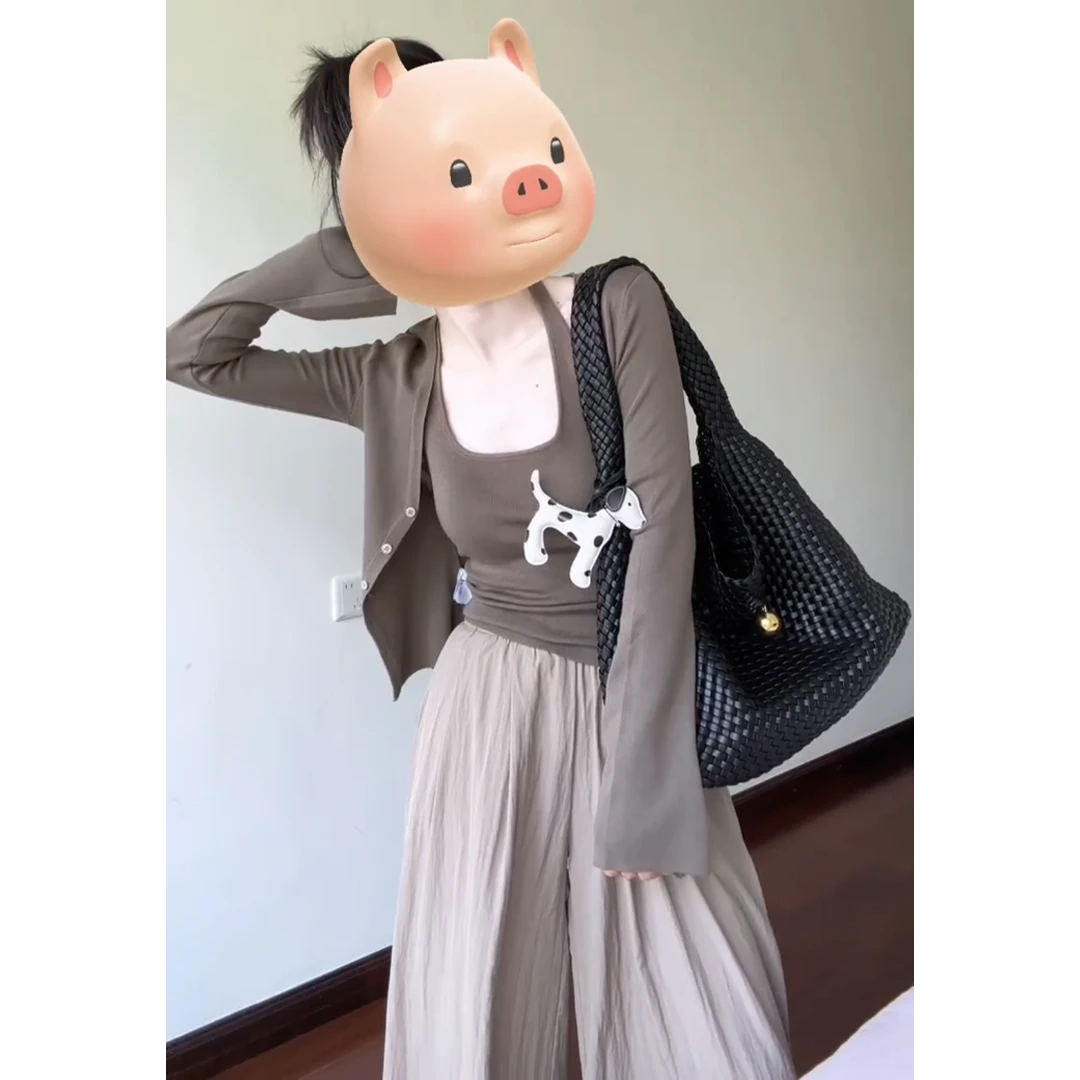 MARIE.COCO韩系早秋季穿搭一整套女针织开衫修身背心宽松山本长裤