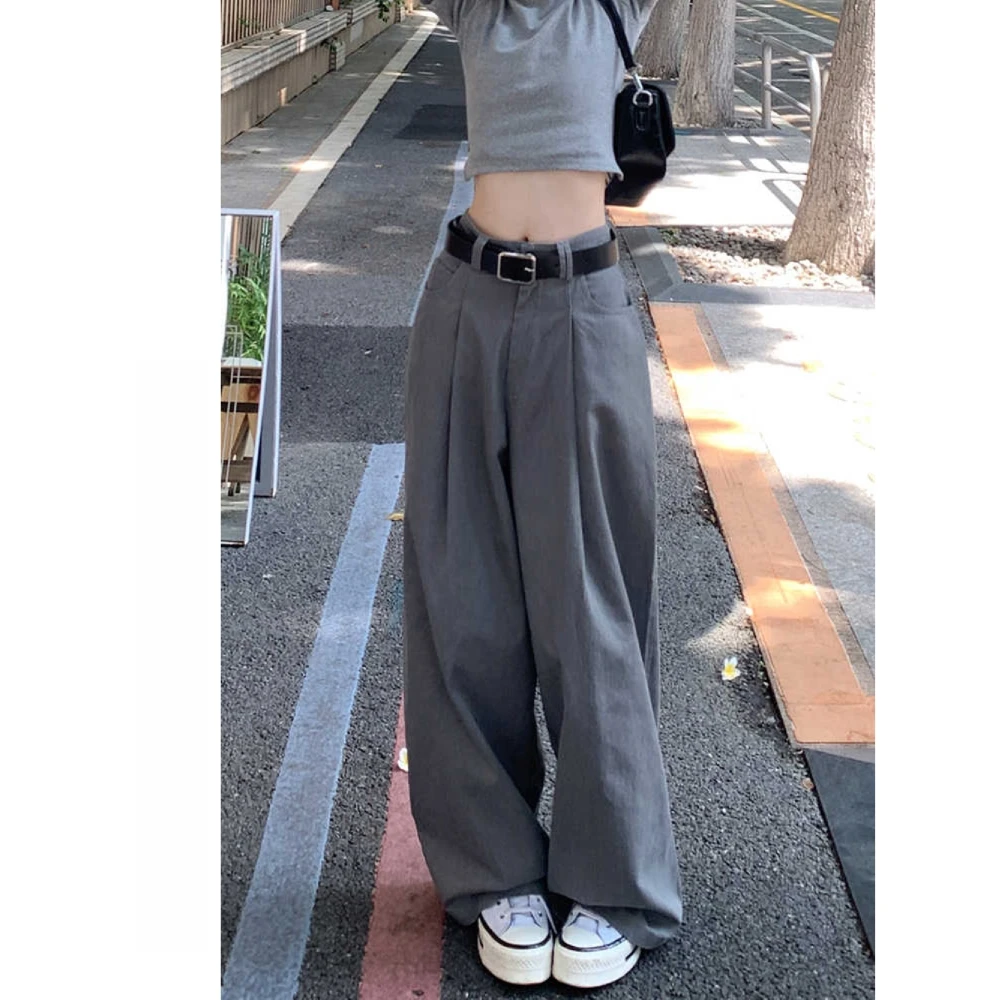 高级灰垂感阔腿西装裤女春季2025新款韩版高腰直筒宽松休闲裤子女