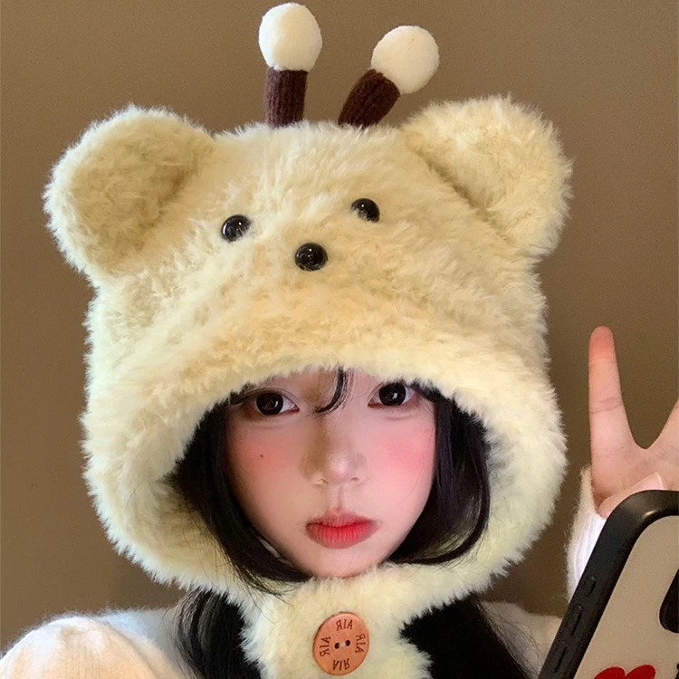 可爱蜜蜂小熊针织帽女秋冬季显脸小保暖加厚防寒护耳毛绒雷锋帽子