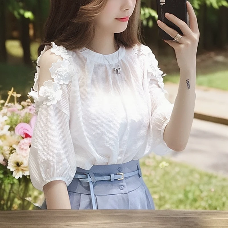 2025夏装新款蕾丝雪纺衬衫女设计感小众心机上衣短袖洋气小仙女衫