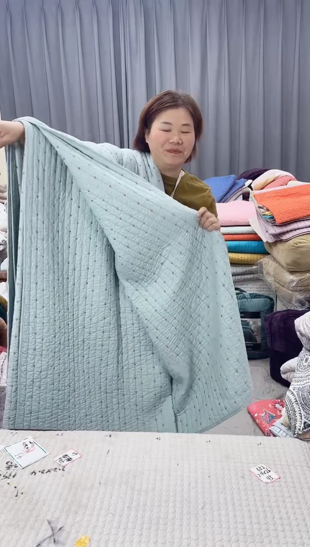 棉海盐蓝米粒绣枕套一对