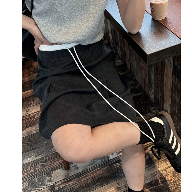 逸语2025春季韩版休闲百搭拼接腰头系绳西装裙女中裙半身裙24381