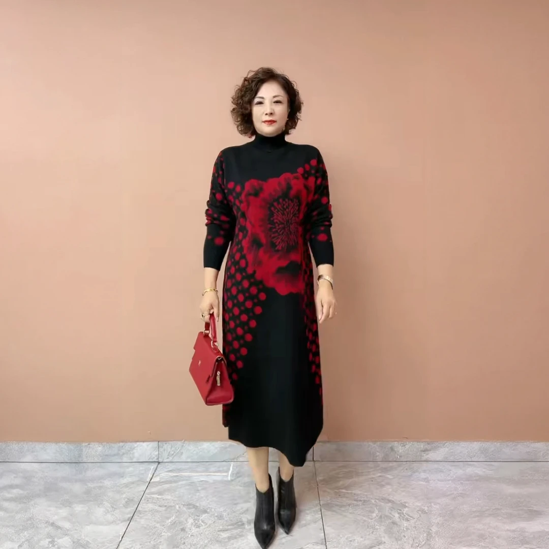 5555妈妈针织连衣裙气质优雅宽松大牌正品花色显瘦大码减龄毛衣裙