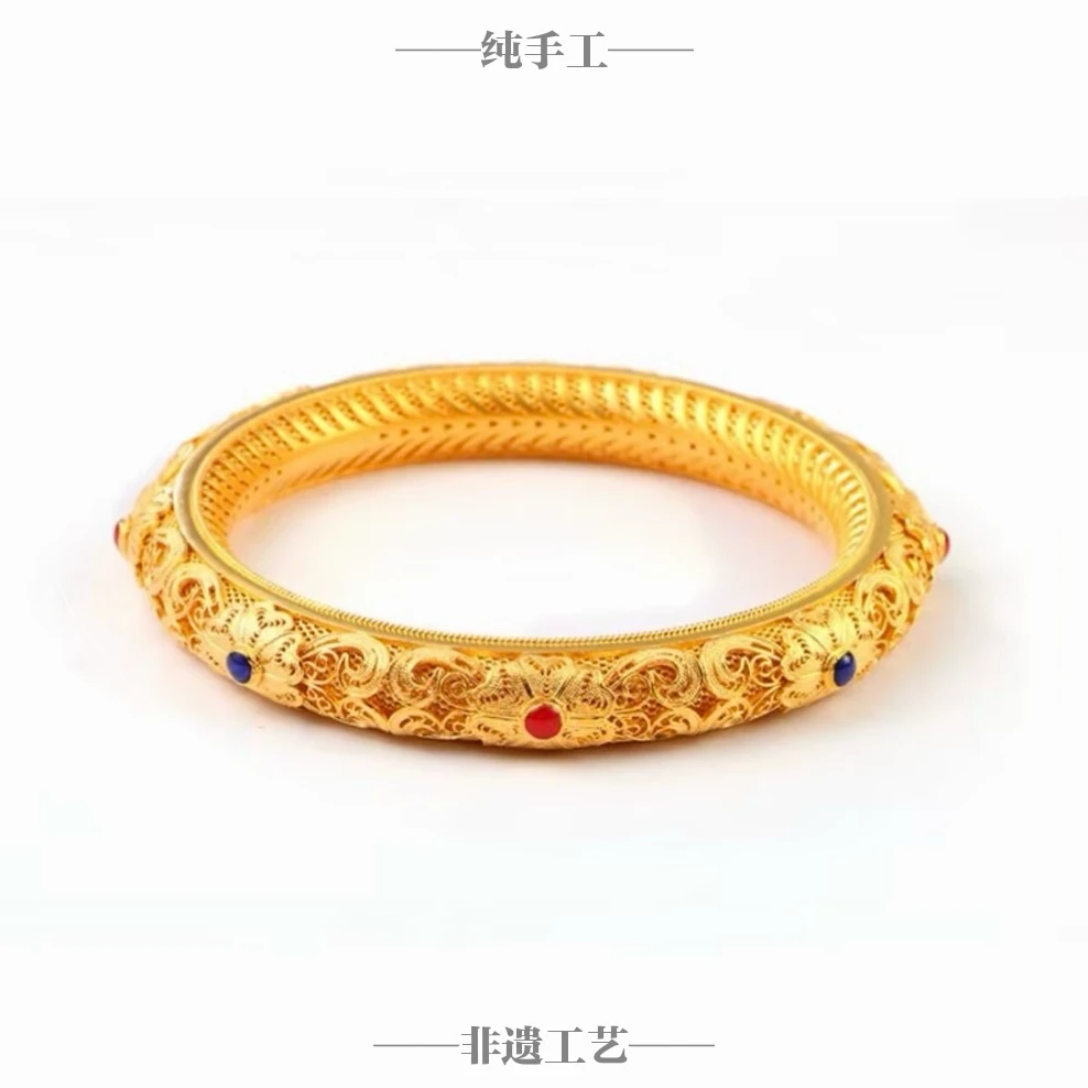 吴越老银铺 足银珐琅手镯 平君手镯【非遗】手工花丝复古优雅银手镯