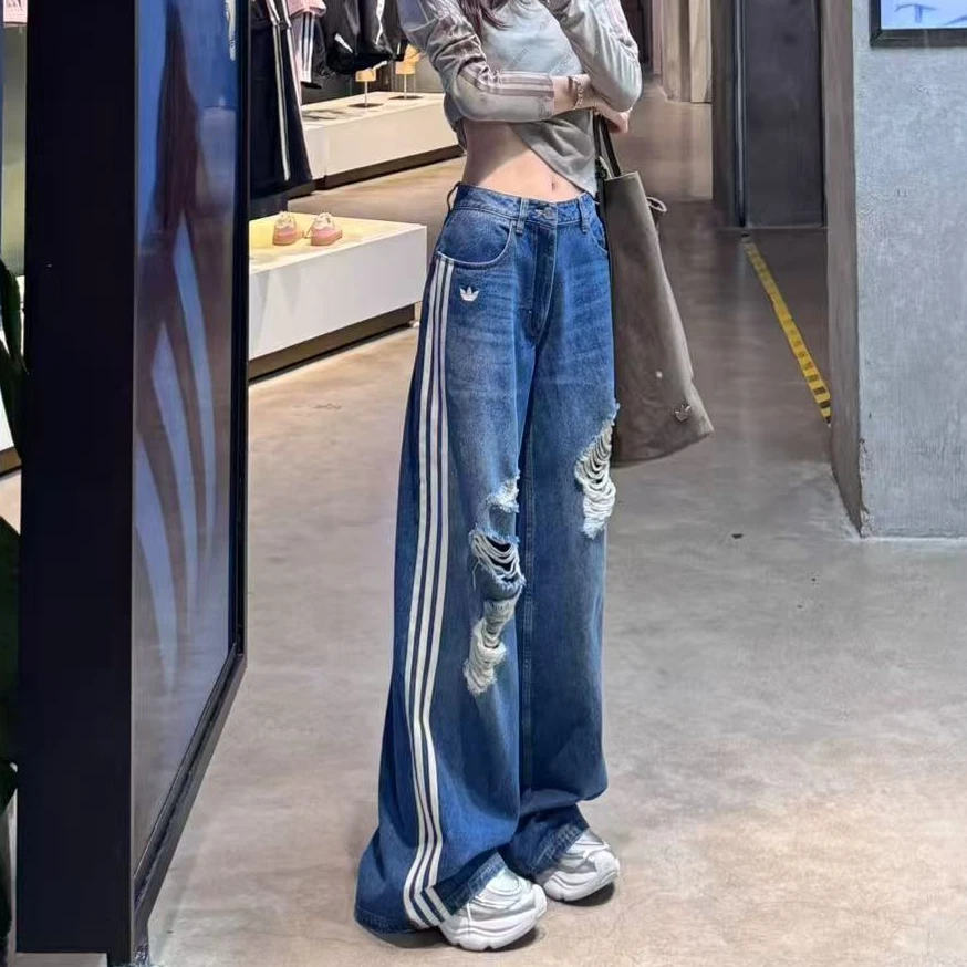 adidas 三叶草 Loose25秋新款宽松高街复古条纹牛仔裤 KE3300