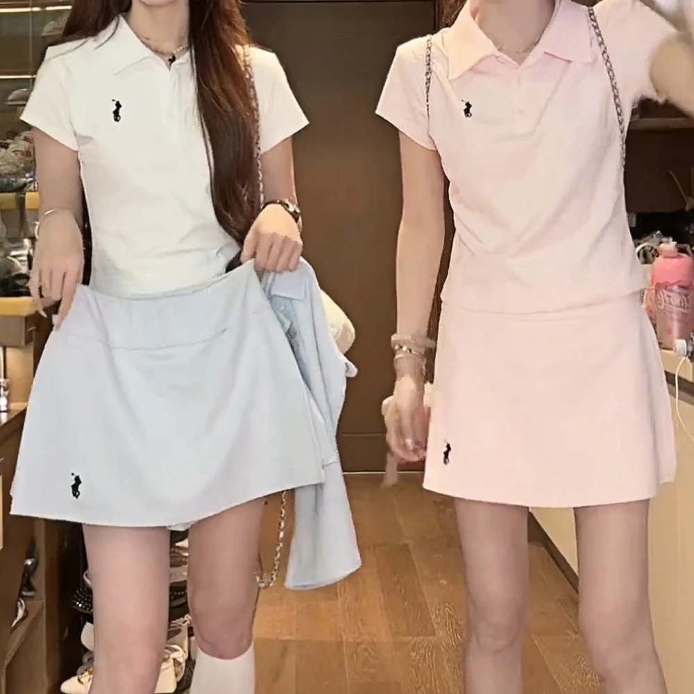 夏装新款刺绣小马休闲运动减龄上衣POLO衫+裙裤防走光半身裙套装
