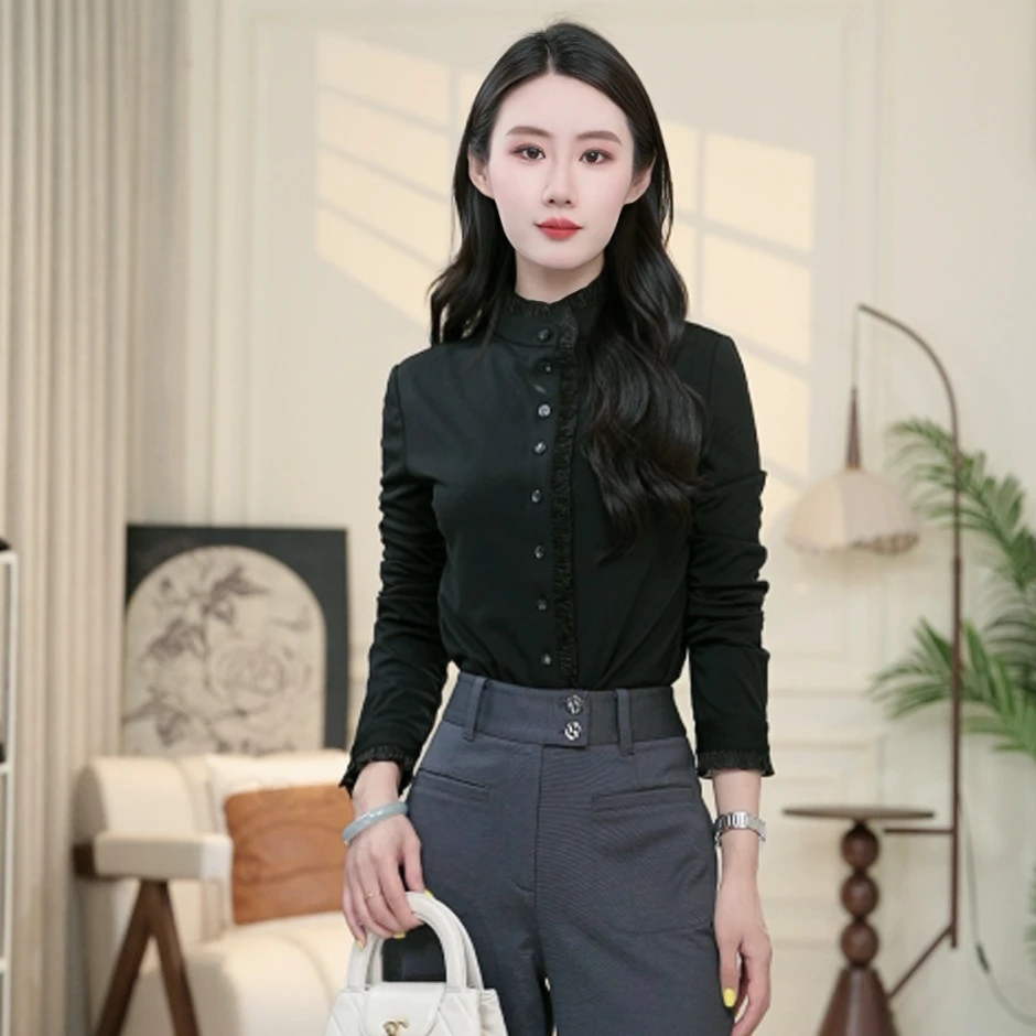 GIRDEAR/哥弟【暖玉生香】新款气质法式超弹立领长袖黑衬衫1300936