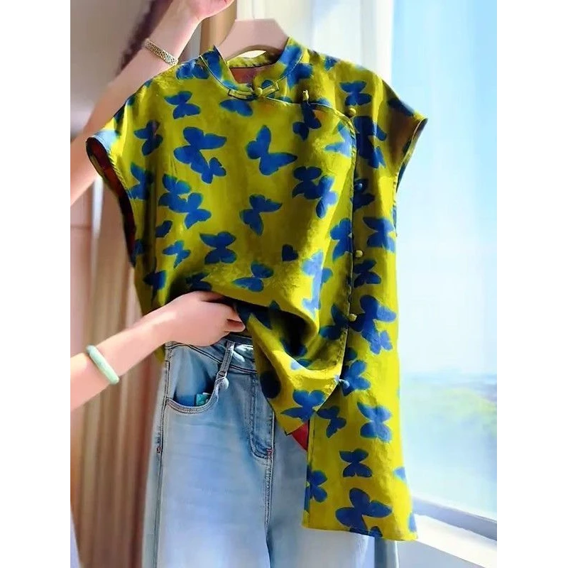 端庄优雅大气！新中式改良盘扣上衣女夏季中国风绿色印花衬衫短袖
