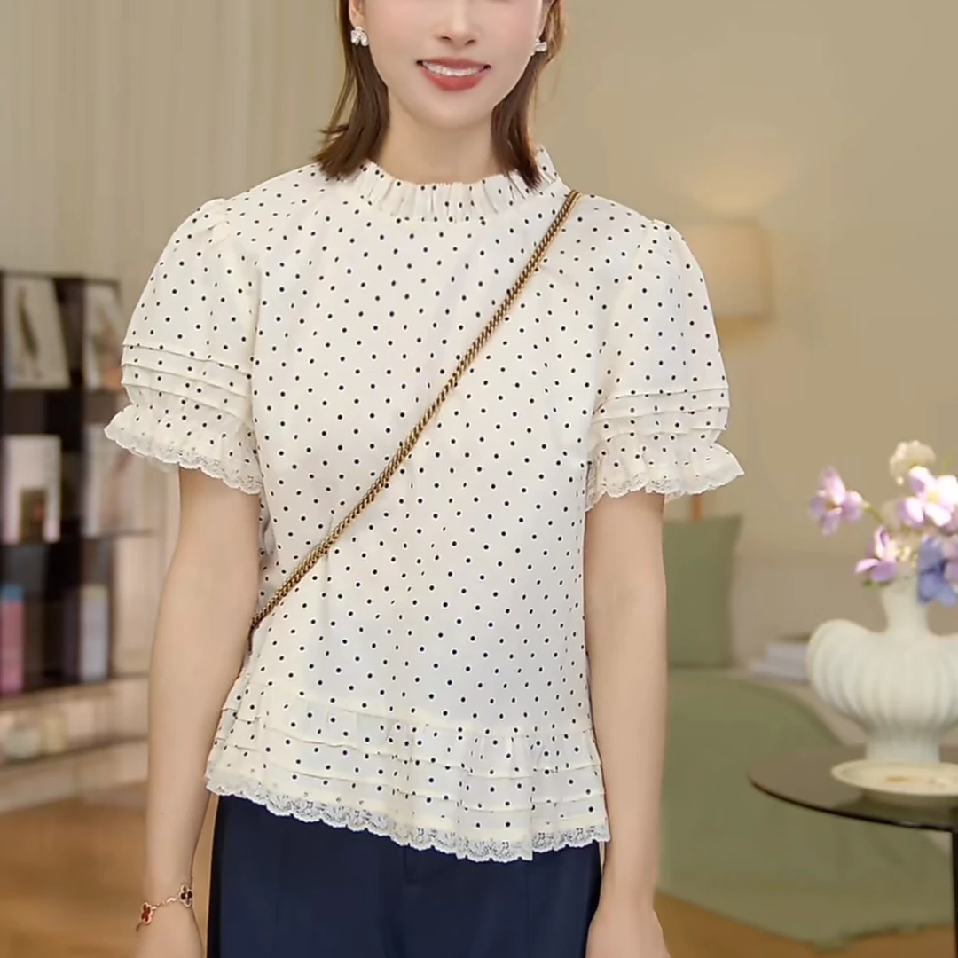 ⑧七七146小个子法式苎麻混棉波点木耳边衬衫女夏季薄小