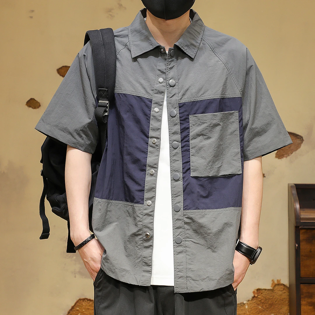 美式复古拼接撞色衬衫男短袖夏季宽松冰丝薄款休闲工装衬衣外套男