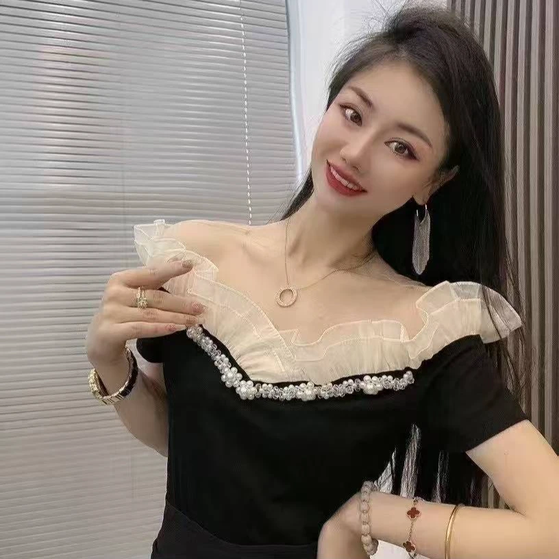 立体装饰修身型网红短袖重工常规百搭时尚T恤纱网拼接黑色