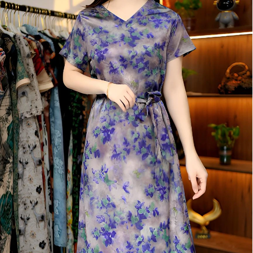 新款紫色小碎花V领短袖连衣裙0911