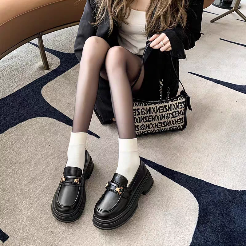 606 真皮乐福鞋女春秋季新款复古粗跟单鞋松糕厚底英伦风小皮鞋