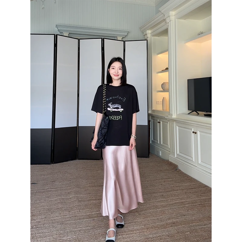 郭九九呢 天丝棉质字母印花宽松短袖t恤缎面粉半身裙 G925A05428