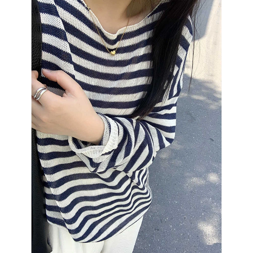 韩系慵懒风藏青色条纹针织防晒罩衫女宽松显瘦外穿薄款小众上衣服