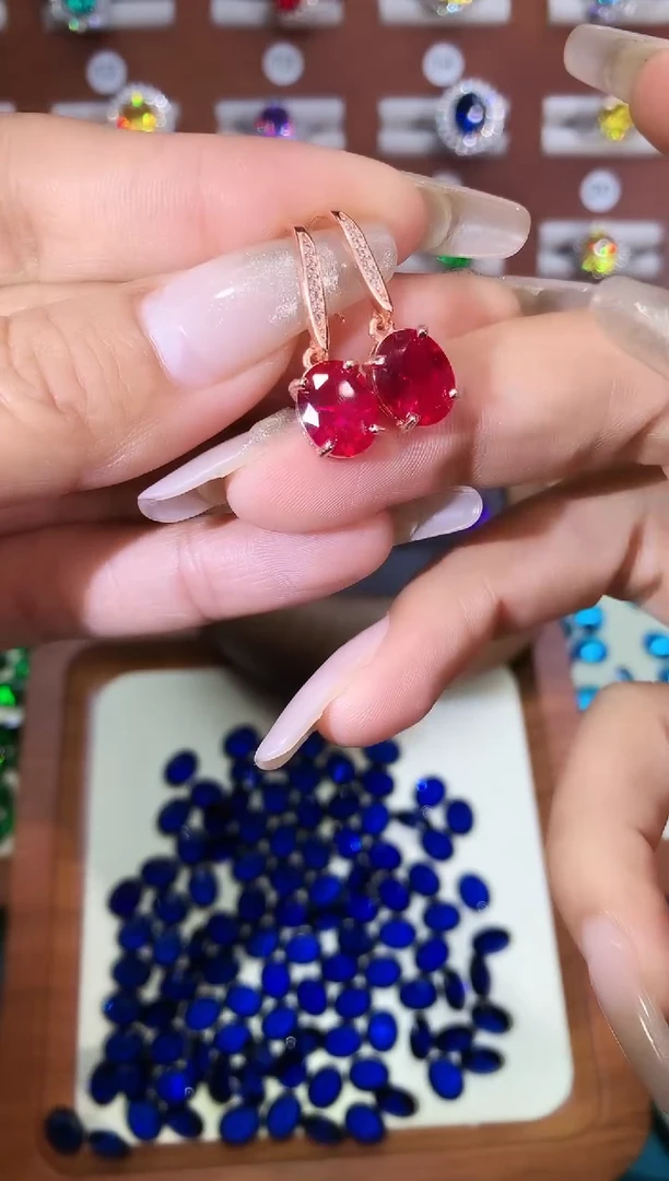 银S925镶嵌耳饰红宝石810玫瑰金