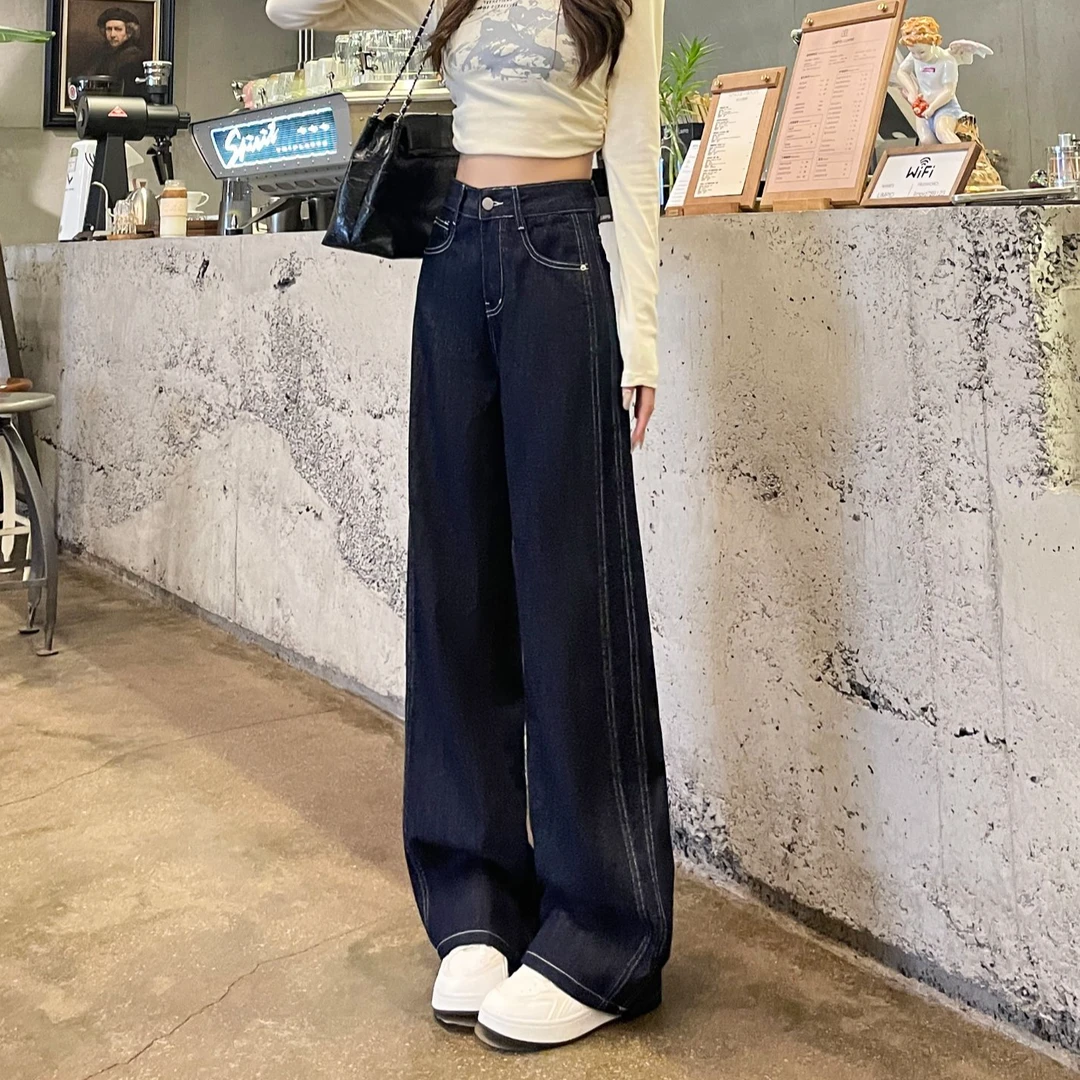 丹宁蓝直筒牛仔裤子女2025春季新款高腰显瘦复古百搭小个子阔腿裤