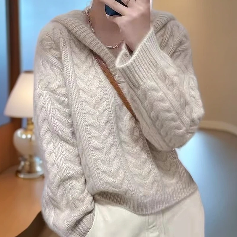 重磅扭花连帽羊毛衫女加厚宽松慵懒休闲卫衣秋冬减龄羊毛毛衣帽衫