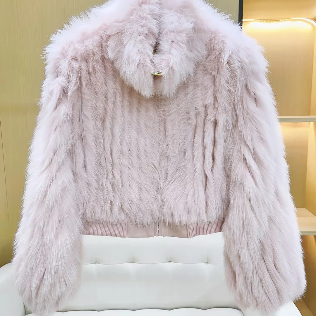 丨秋冬新款浅粉色毛毛领立领气质毛绒皮草外套  6048