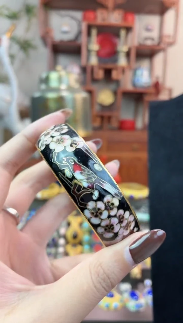 非遗手工景泰蓝开口银蓝镯子黑色