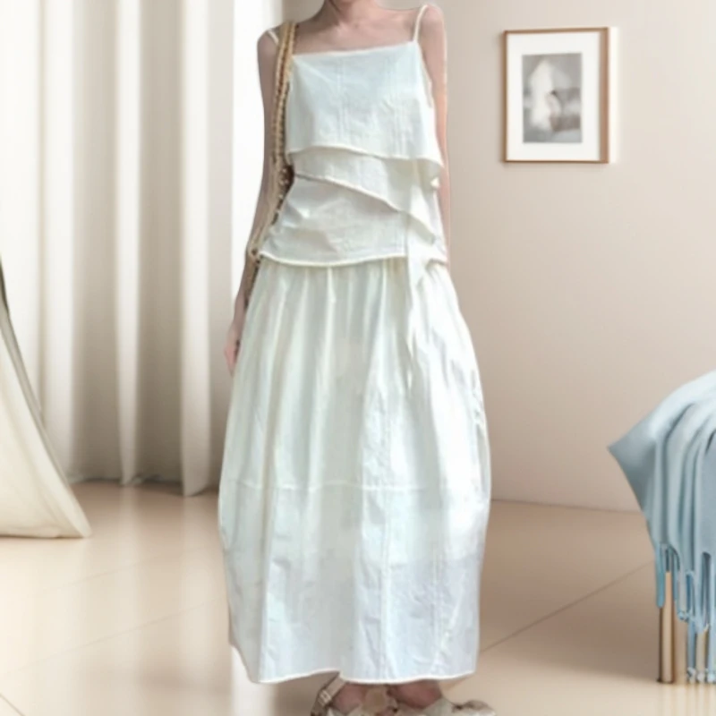 小众法式时尚套装夏季新款不规则纯色吊带背心上衣高腰百搭花苞裙